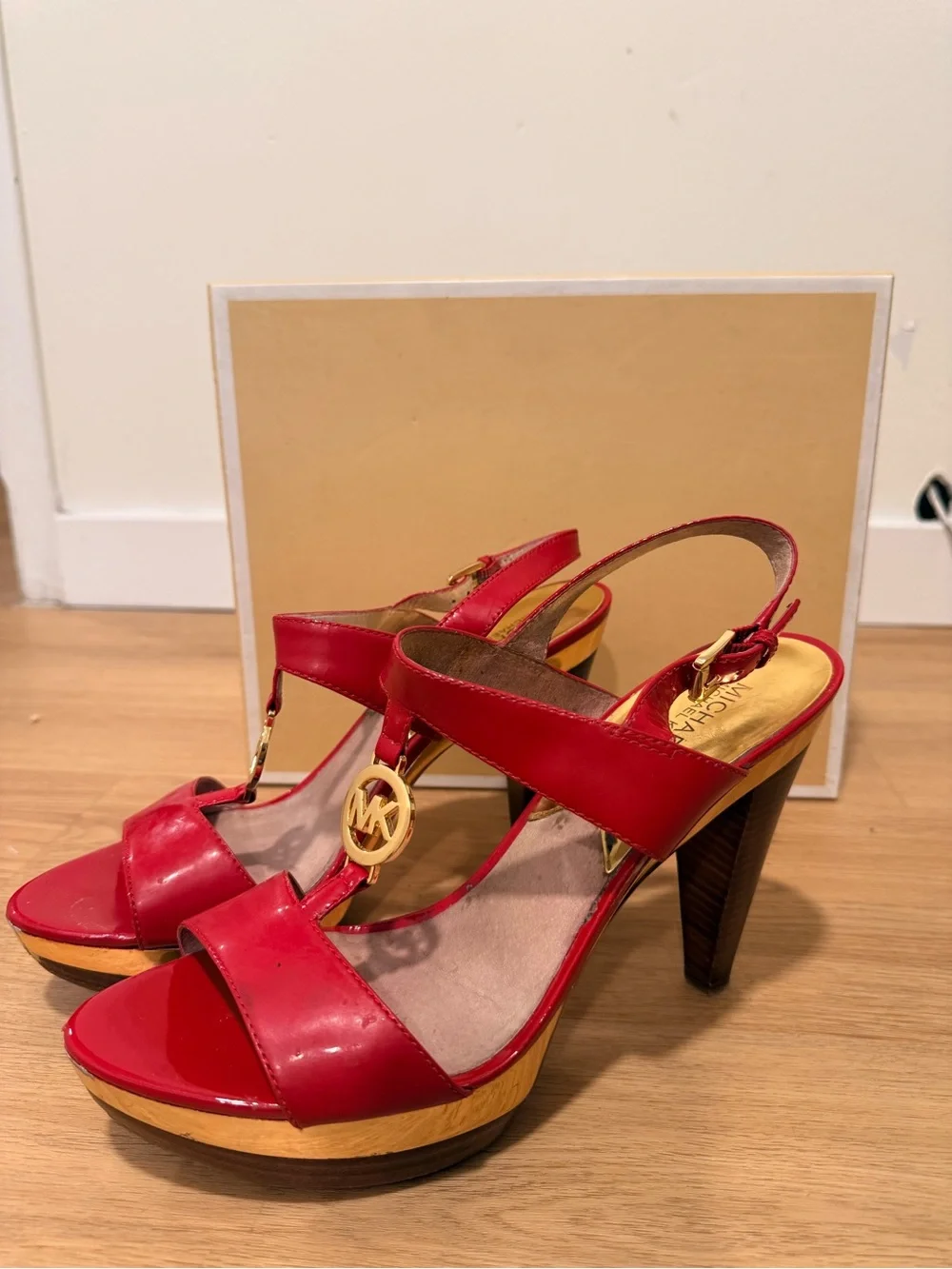 Michael Kors Red Patent Leather T-Strap Slingback Heels with Gold Logo